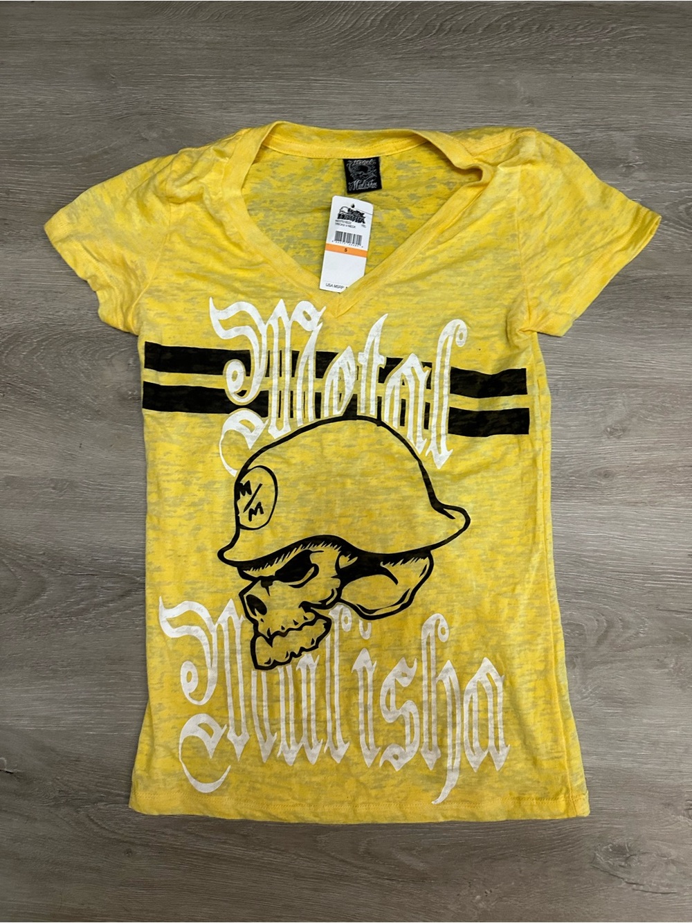 Metal Mulisha Yellow Short Sleeve V-Neck Tee with Black & White Skull Graphic